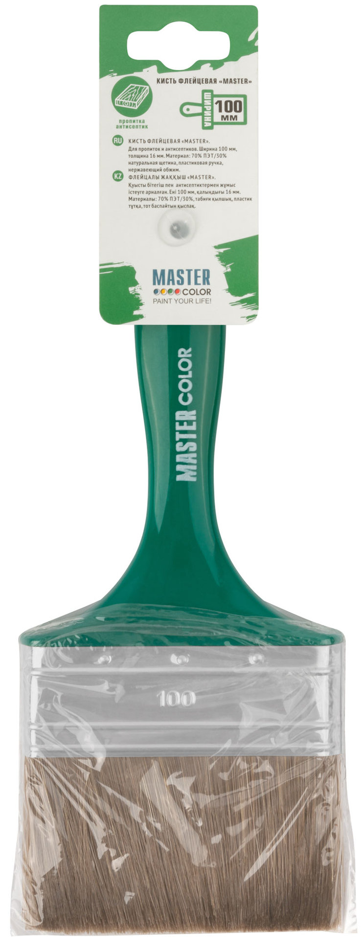 Кисть флейцевая, толщ. 16 мм, 70% ПЭT/30% натур. щетина, нерж.обжим, пласт.ручка, ширина 100 мм (30-0235)