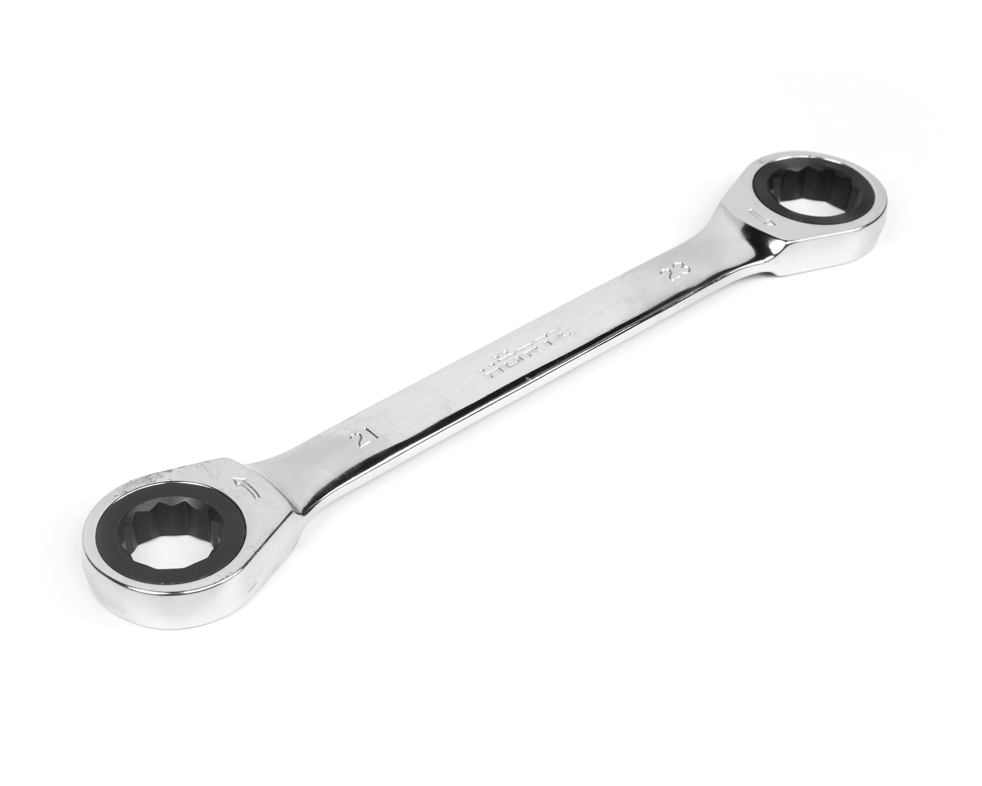 Ключ накидной двусторонний 21х23 мм трещоточный хромирование HORTZ