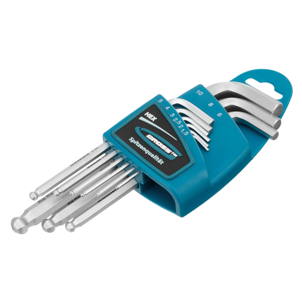 Набор ключей имбусовых HEX, 1.5-10 мм, S2, 9 шт, удлиненные с шаром, сатинированные Gross (16403)