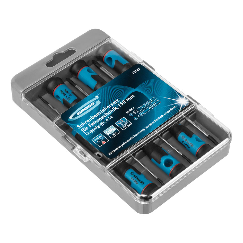 Набор отверток для точной механики, CrMo, двухкомпонентные рукоятки, 6 шт, пластиковый бокс Gross (13347)