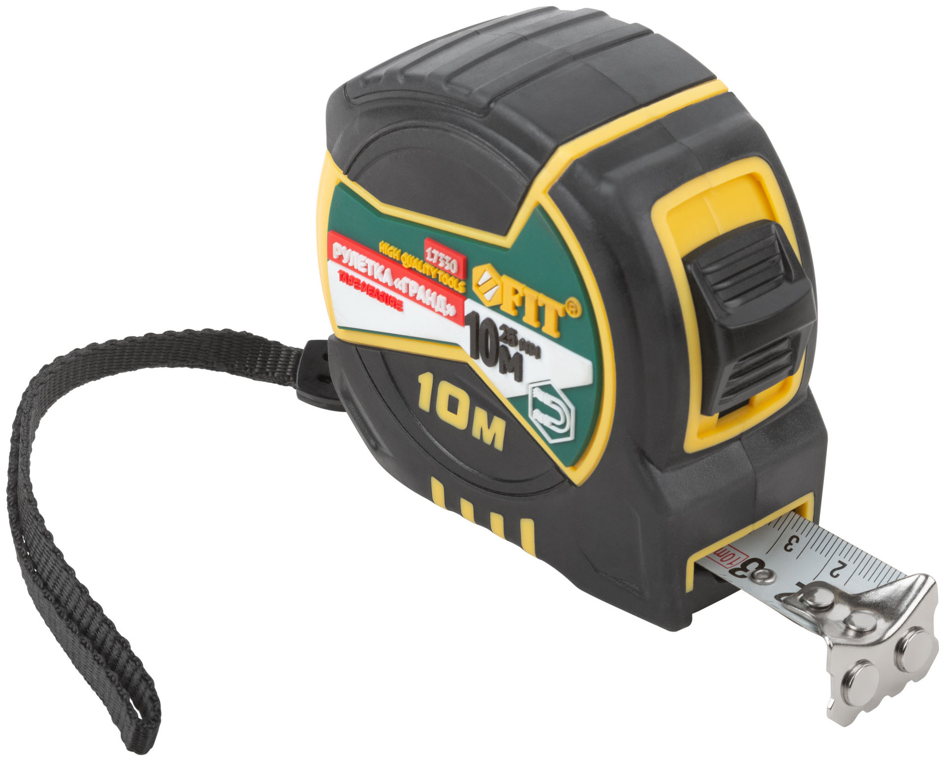 Рулетка Гранд, калибр.лента, нейлон.покр., магн.крючок, двойной стопор, прорезин.корпус 10 м х 25 мм
