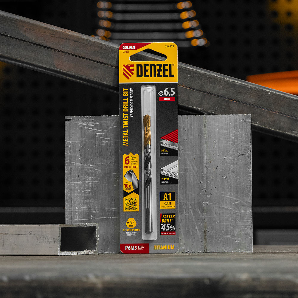 Сверло спиральное по металлу 6,5 x 93мм, Р6М5, Golden Tip, многогранная заточка Denzel (718279)