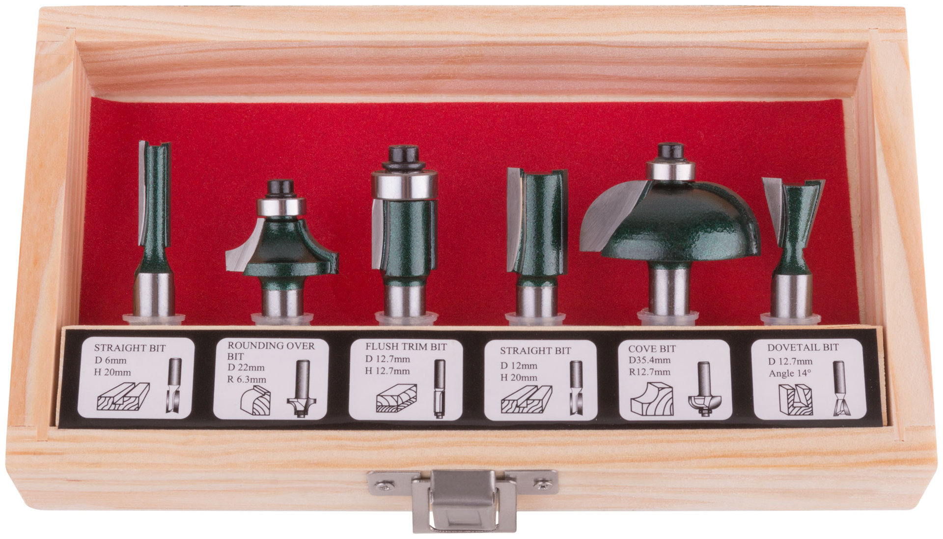 Фрезы по дереву кромочные, набор 6 шт., деревянный бокс, хвостовик 8 мм (36568)