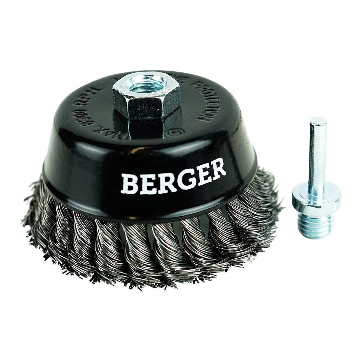 Кордщётка чашеобразная (витая оцинкованная сталь 0.5 мм, диаметр 100 мм, гайка М14 + хвостовик 6 мм) BERGER BG1744