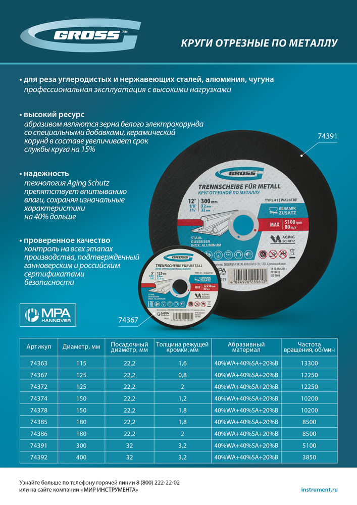 Круг отрезной по металлу, 300 x 3,2 x 32 мм, WA24TBF// Gross (74391)
