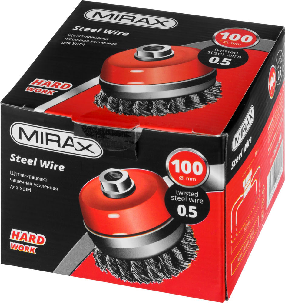 Чашечная щетка-крацовка для УШМ 100 мм, жгутированная стальная проволока 0.5 мм MIRAX 35144-100