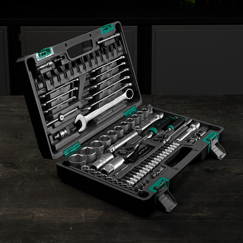 Набор инструментов, 1/2, 1/4, CrV, пластиковый кейс 82 предмета Stels