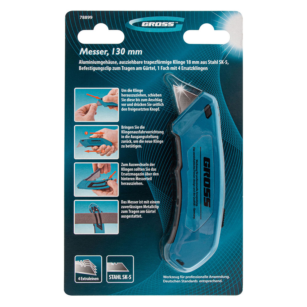 Нож, 130 мм, алюминиевый корпус, выдвижное трапециевидное лезвие 18 мм (SK-5) клипса для ремня, 4 лезвия Gross (78899)