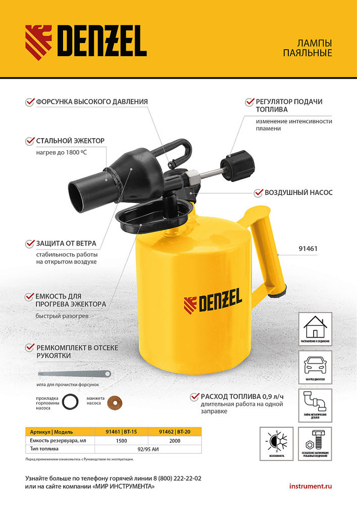 Паяльная лампа DENZEL, ВТ-15, 1.5 л (91461)