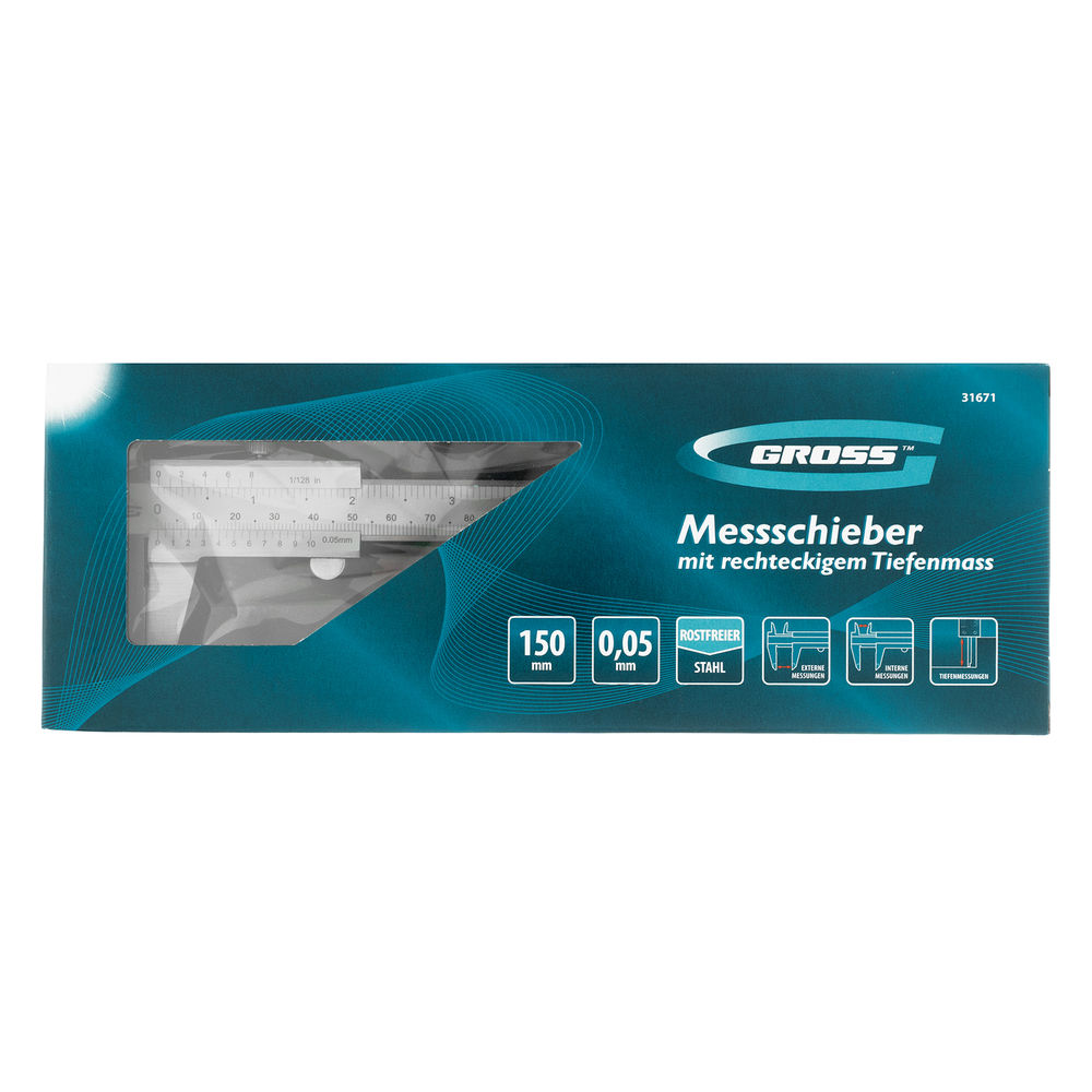 Штангенциркуль, 150 мм, 0.05 мм, нержавеющая сталь, с глубиномером Gross (31671)