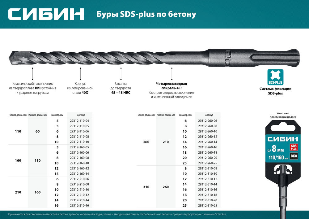Бур SDS-plus 20 х 260 мм СИБИН 29312-260-20
