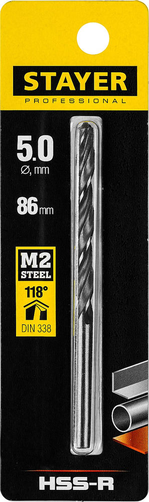 Сверло по металлу быстрорежущая сталь P6M5 Professional HSS-R STAYER 5.0x86 мм 29602-5  