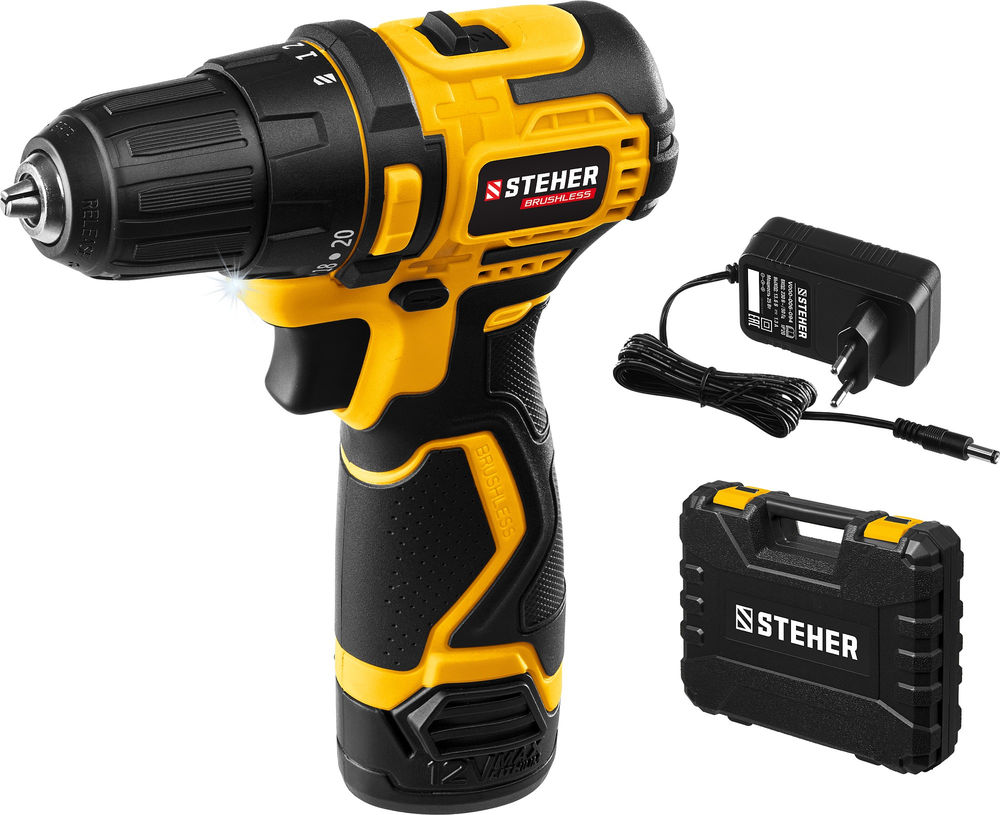 Дрель-шуруповерт бесщеточная 12 В, 35 Н·м, 1 АКБ (2 А·ч), кейс STEHER CDB-120-1