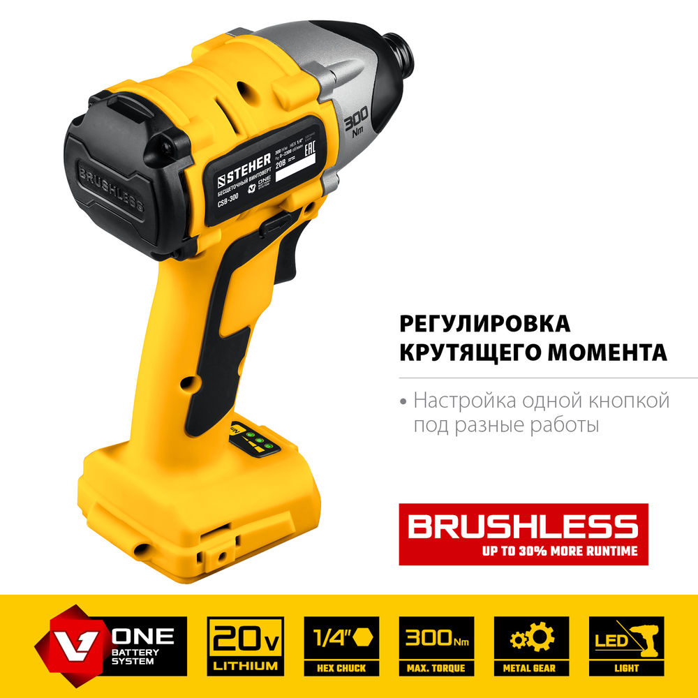 Винтоверт бесщеточный 20 В, 300 Н·м, без АКБ V1 STEHER CSB-300