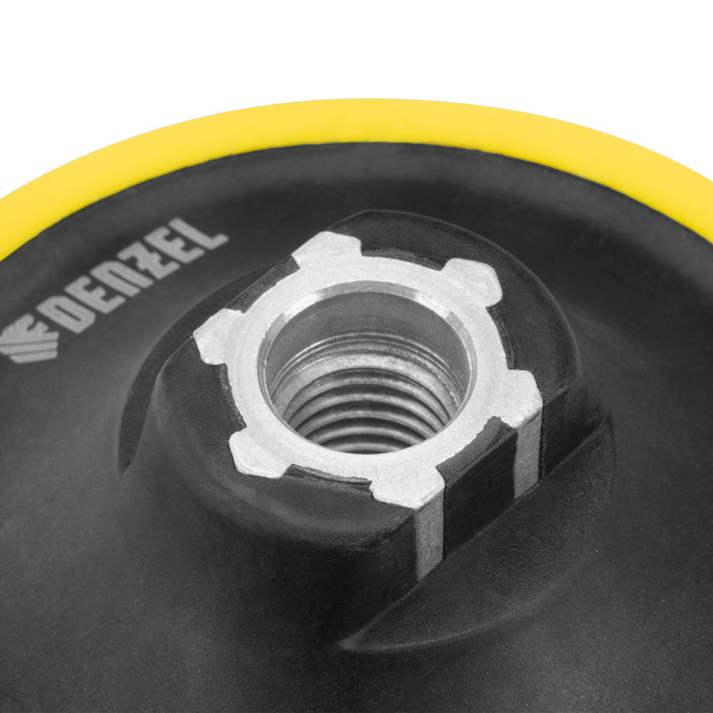 Тарелка опорная для дрели и УШМ с липучкой, 125 мм, мягкая, с адаптером c М14 на d8 Denzel (76248)