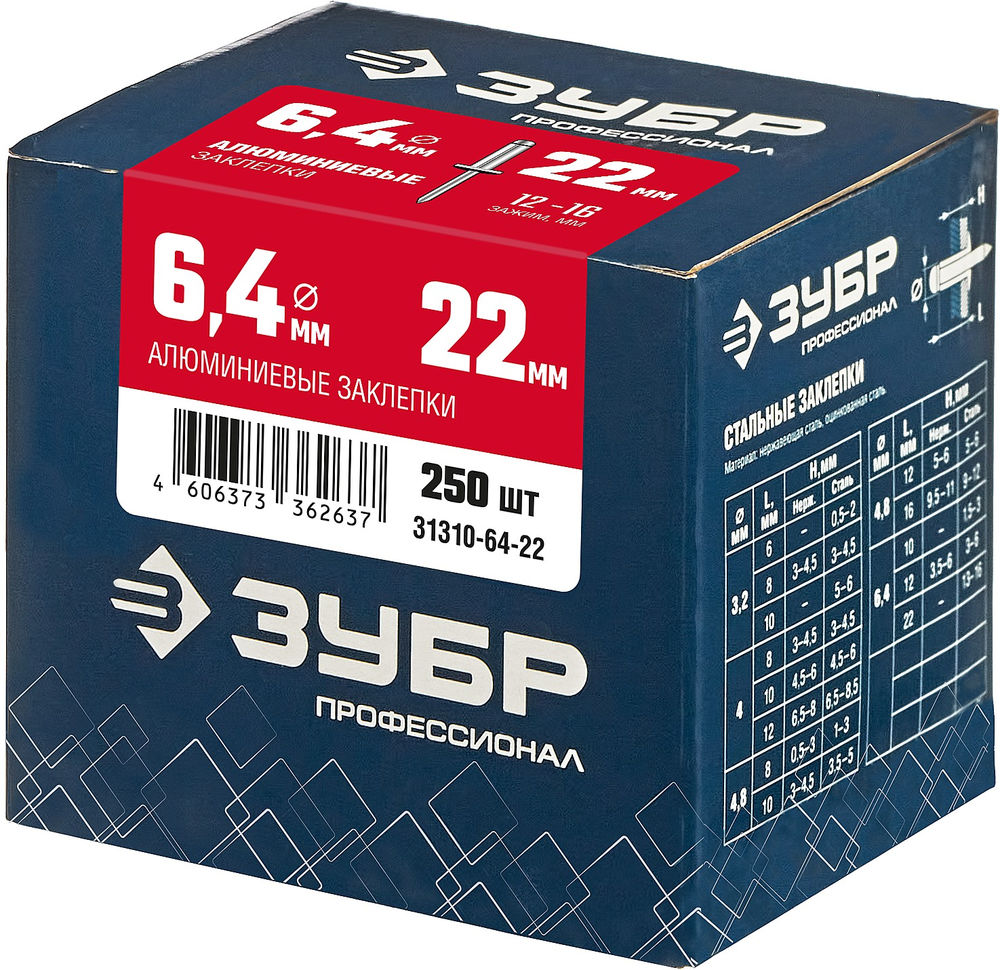 Заклепки алюминиевые 6.4 x 22 мм, 250 шт ЗУБР Профессионал 31310-64-22