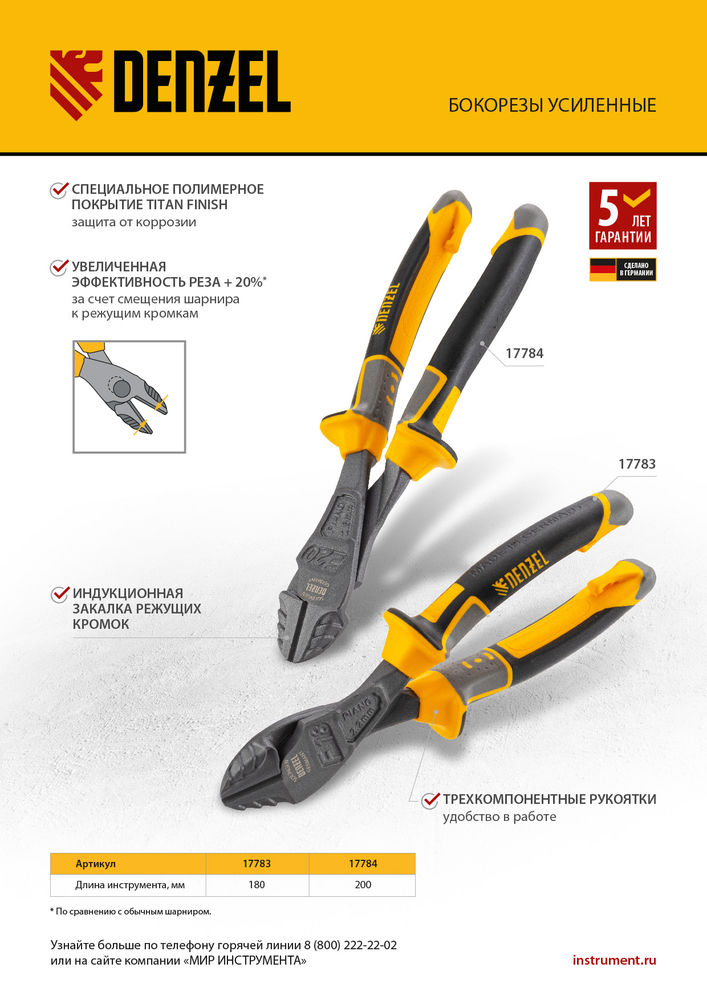 Бокорезы усиленные 180 мм, трехкомпонентные рукоятки Denzel