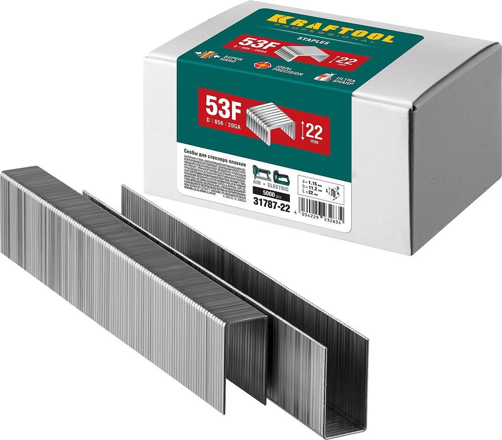 Скобы тип 53F (D/056), 22 мм, калибр 23GA, 5000 шт KRAFTOOL 31787-22