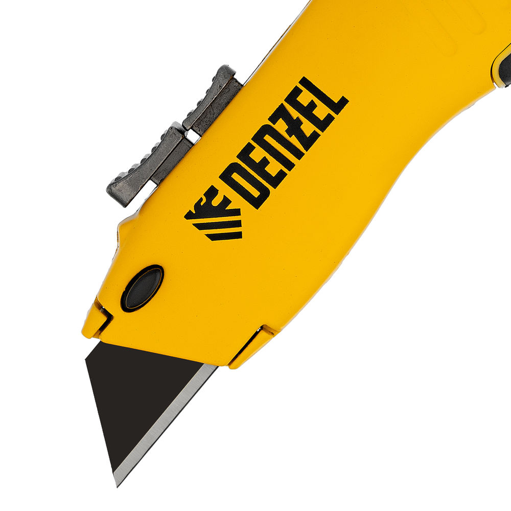 Нож, 19мм, сменное трапециевидное  лезвие, SK4, алюминиевый корпус, торцевой зажим Denzel (78916)