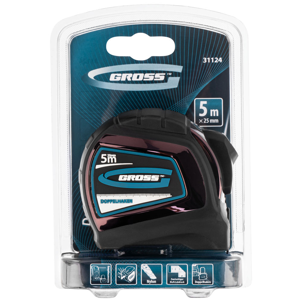 Рулетка Doppelhaken,5 м x 25 мм,двухсторонний зацеп,Нейлон,двусторонняя шкала,автоматическая фиксация Gross
