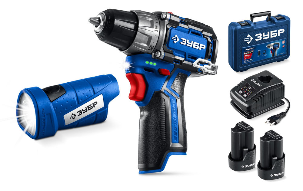 Набор: дрель-шуруповерт + LED фонарь 12 В 45 Н·м 2 АКБ тип Т7 2 А·ч BRUSHLESS кейс Профессионал ЗУБР КОМПАКТ #4 DB-121-22F