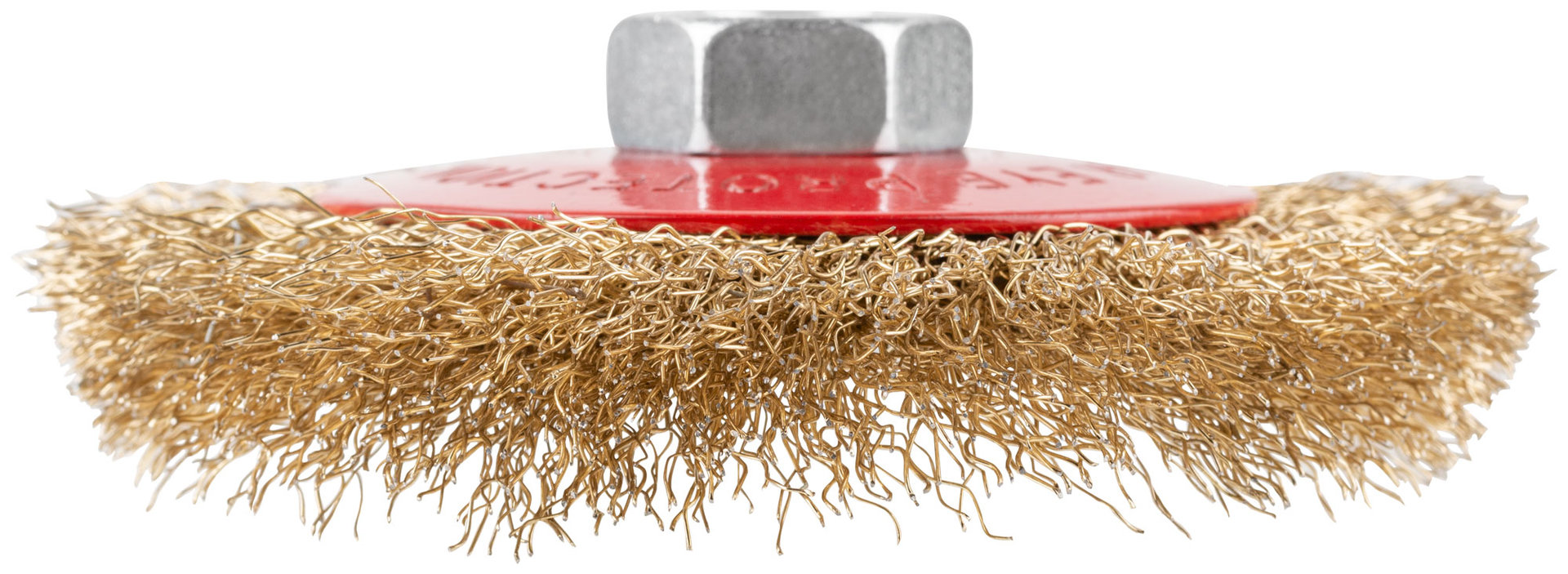 Корщетка-колесо с наклоном, гайка М14, стальная латунированная волнистая проволока 100 мм, блистер (39083)