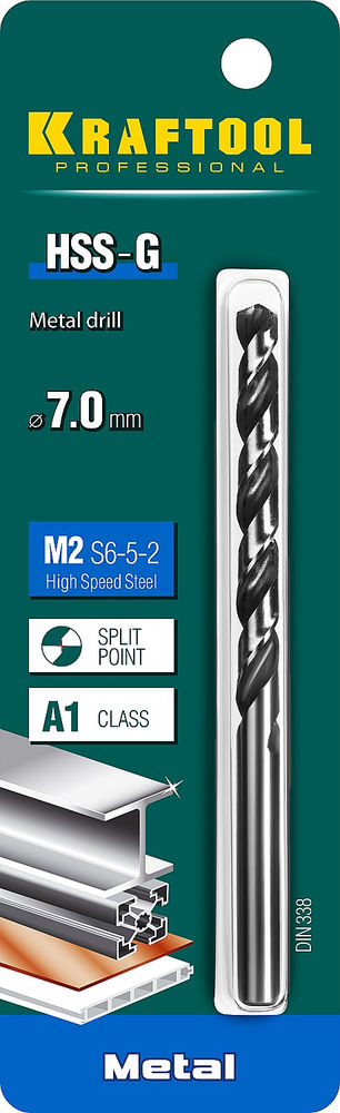 Сверло по металлу 7.0 х 109 мм сталь P6M5 HSS-G KRAFTOOL 29651-7