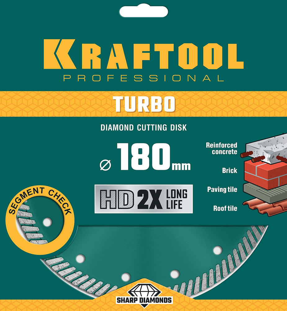 Сегментированный алмазный диск Turbo, 180 мм, (22.2 мм, 10 х 2.6 мм) KRAFTOOL 36682-180