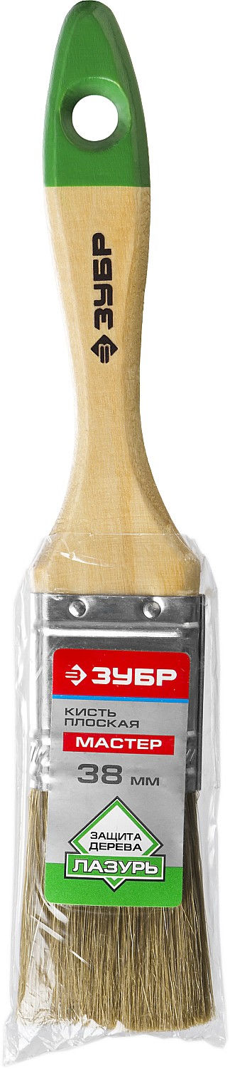 Плоская кисть ЛАЗУРЬ, 38 мм, 1.5, светлая смешанная щетина, деревянная ручка, для высокотекучих ЛКМ ЗУБР 4-01009-038