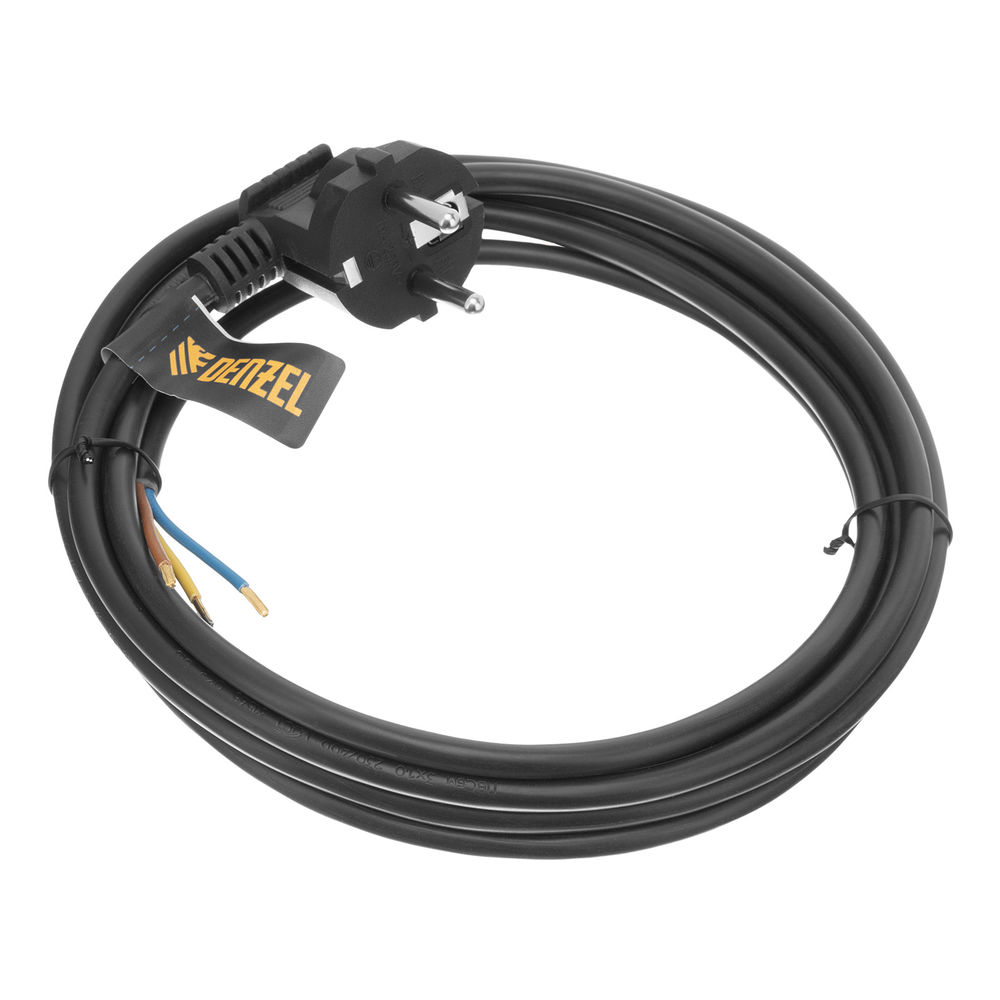 Шнур сетевой Energy Series, ПВС, 3 м, 3 x 1 мм, с неразборной вилкой, черный, Denzel (37667)