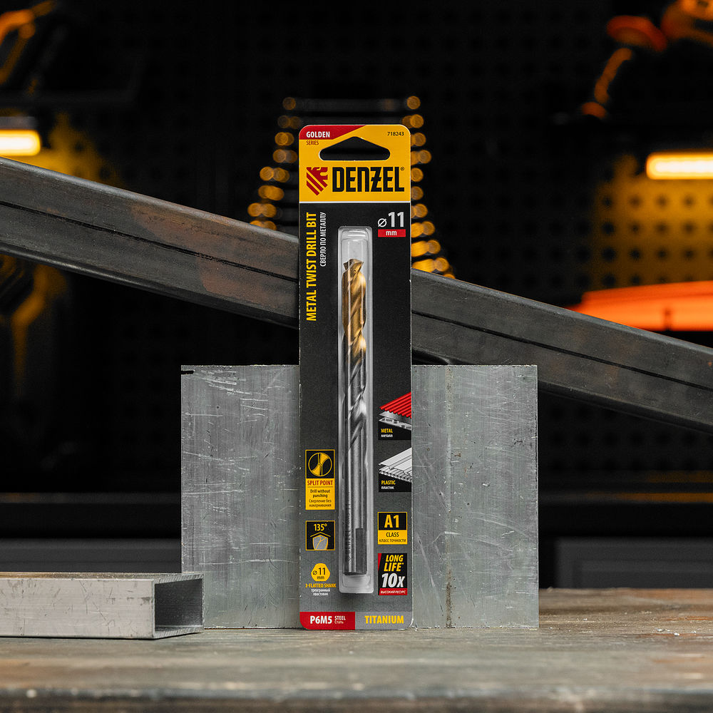 Сверло спиральное по металлу 11 x 142 мм, Р6М5, Golden Tip Denzel (718243)
