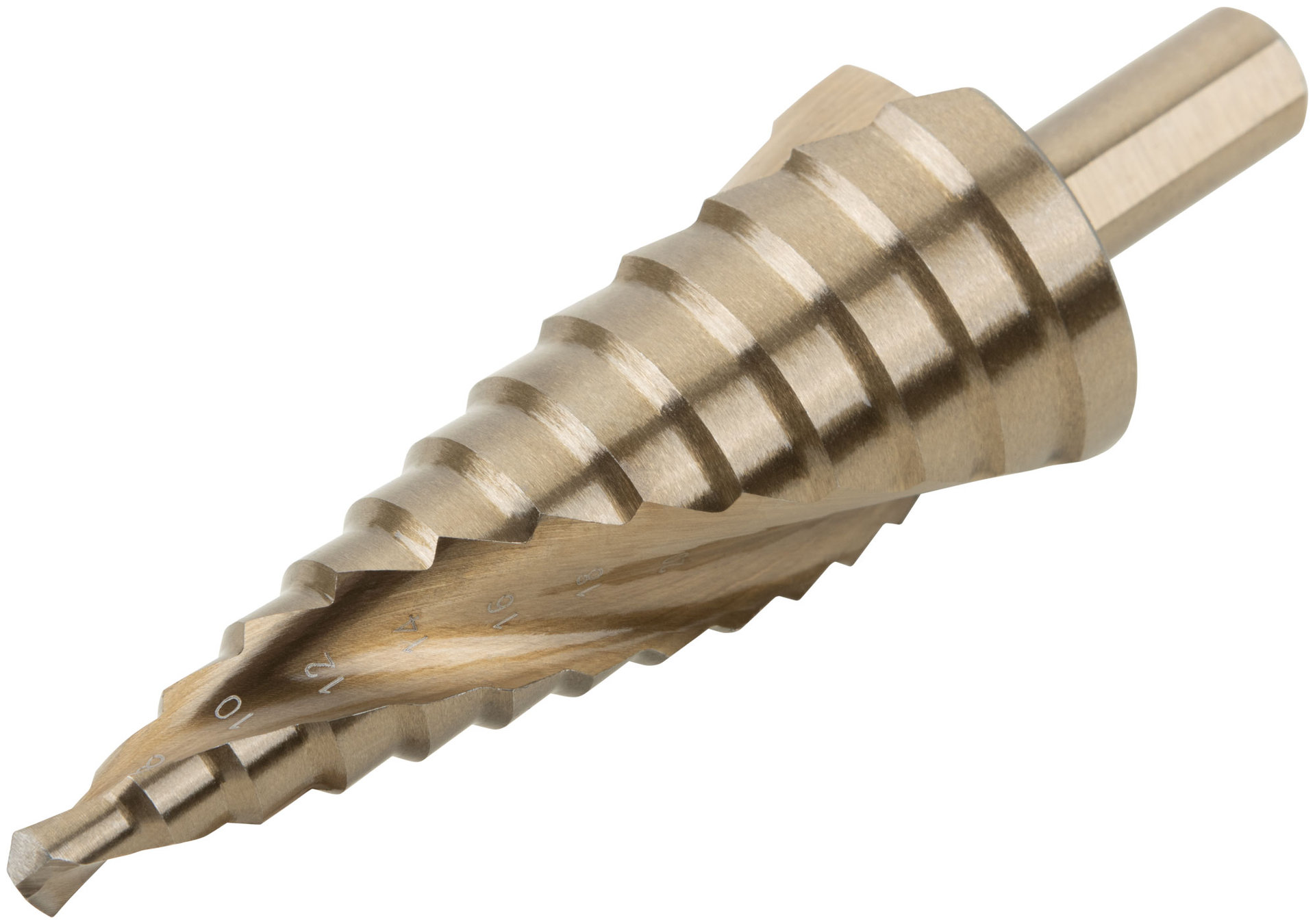 Сверло ступенчатое HSS Co5% ( Р6М5К5 ) по металлу, спиральный профиль, 13 ступеней, 6-30 мм