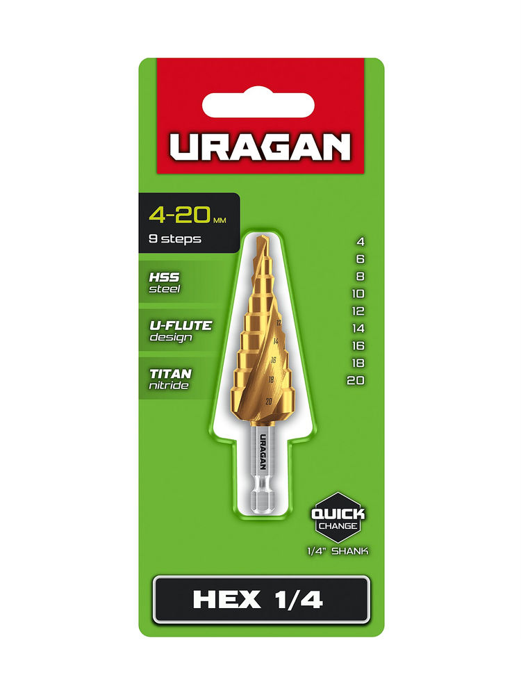 Сверло ступенчатое винтовая спираль URAGAN 4-20мм 9 ступеней 29658-4-20-9  