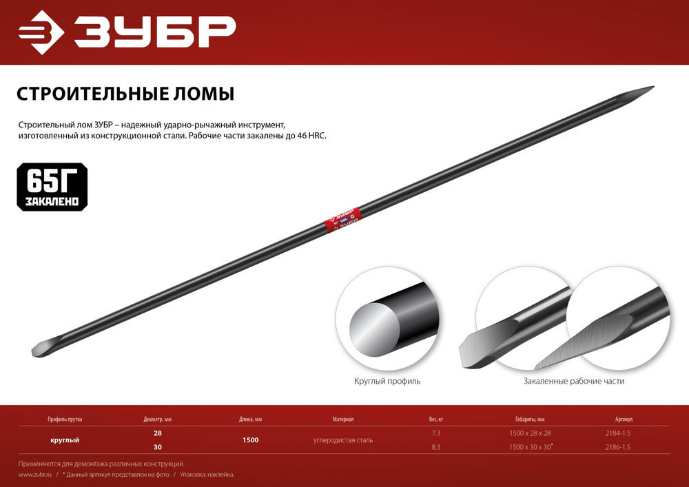 Лом строительный 1500 мм d 28 мм ЗУБР 2184-1.5
