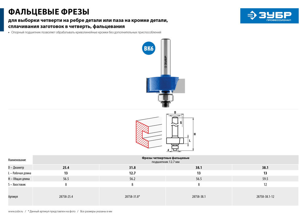 Фреза фальцевая 38.1?13 мм хвостовик 12 мм ЗУБР Профессионал 28758-38.1