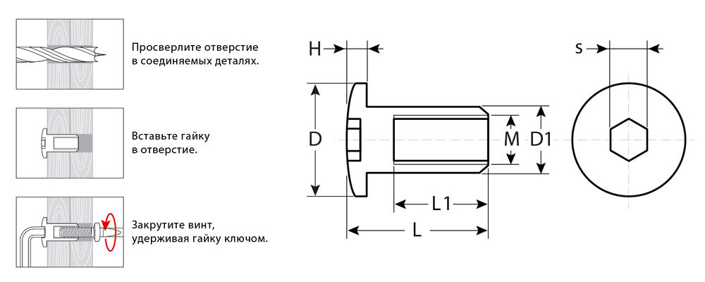 Гайка Эриксона с полукруглой головкой M6 x 12 мм, шест. 4 мм, цинк, 5 кг ЗУБР Профессионал 303760-4