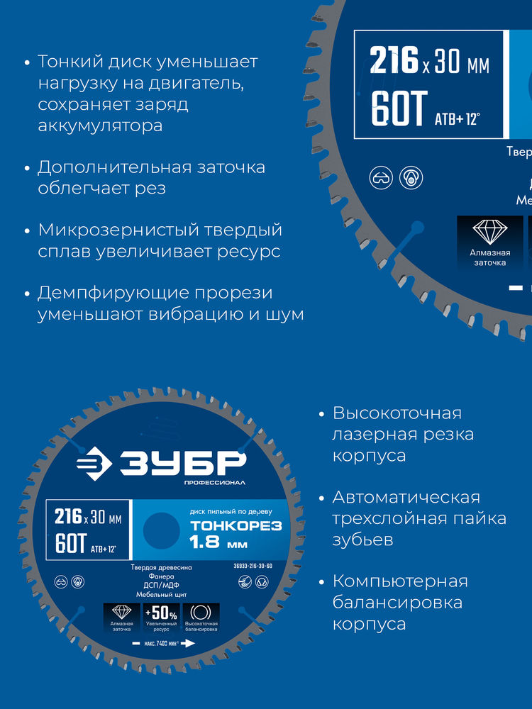 Диск пильный по дереву тонкий рез 216 x 30 x 1.8 мм, 60Т ЗУБР Тонкорез Профессионал 36933-216-30-60