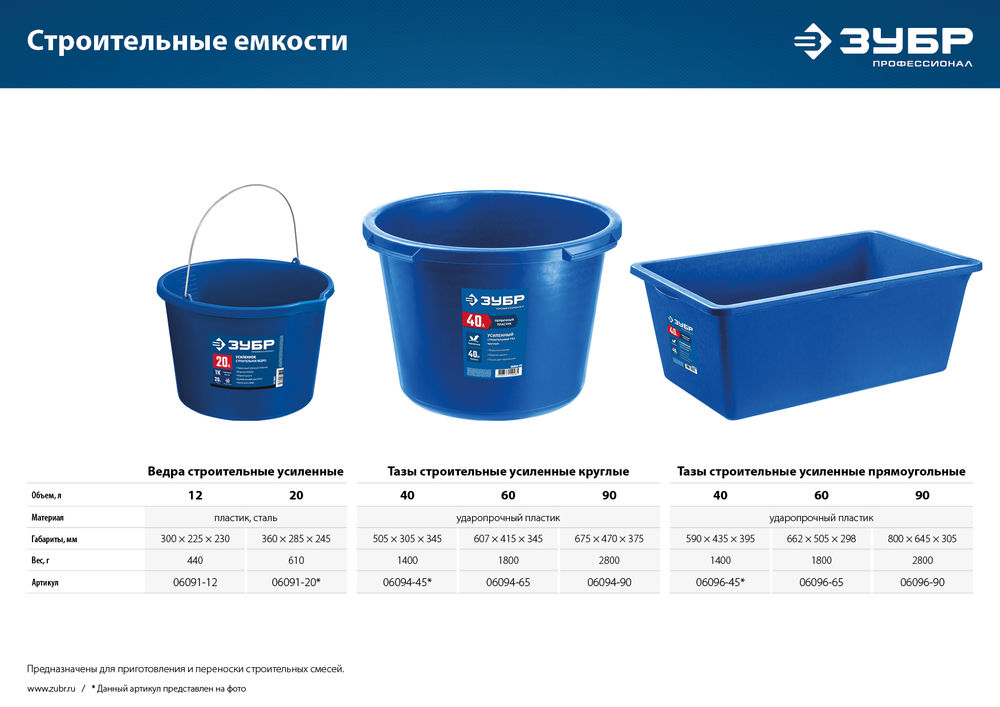 Таз строительный круглый 60 л, первичный высокопрочный пластик, усиленный ЗУБР 06094-65