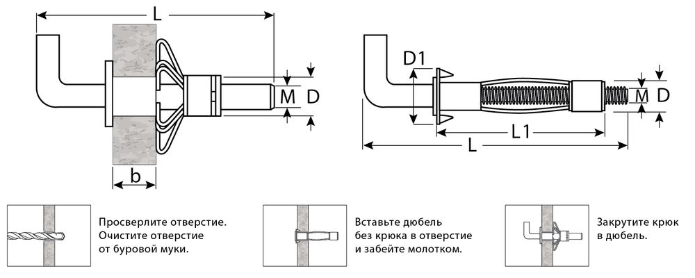 Анкер с крюком для пустотелых конструкций МОЛЛИ, М5 х 52 х 11 мм, 80 шт ЗУБР 302492-05-052