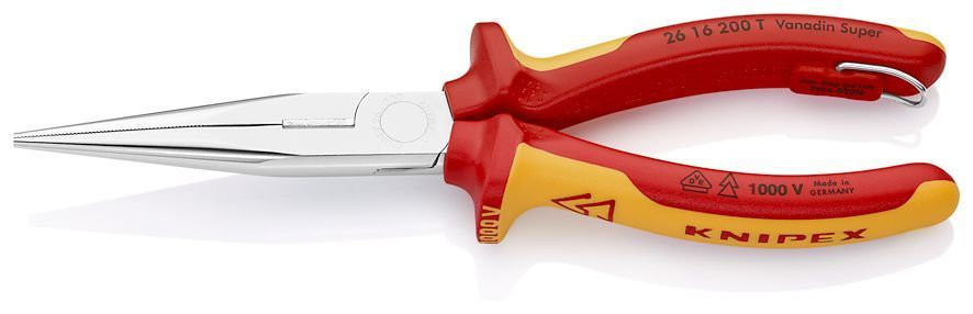 Длинногубцы с режущими кромками VDE, 200 мм, хром, 2-комп диэлектрические ручки, проушина для страховки (KN-2616200T)