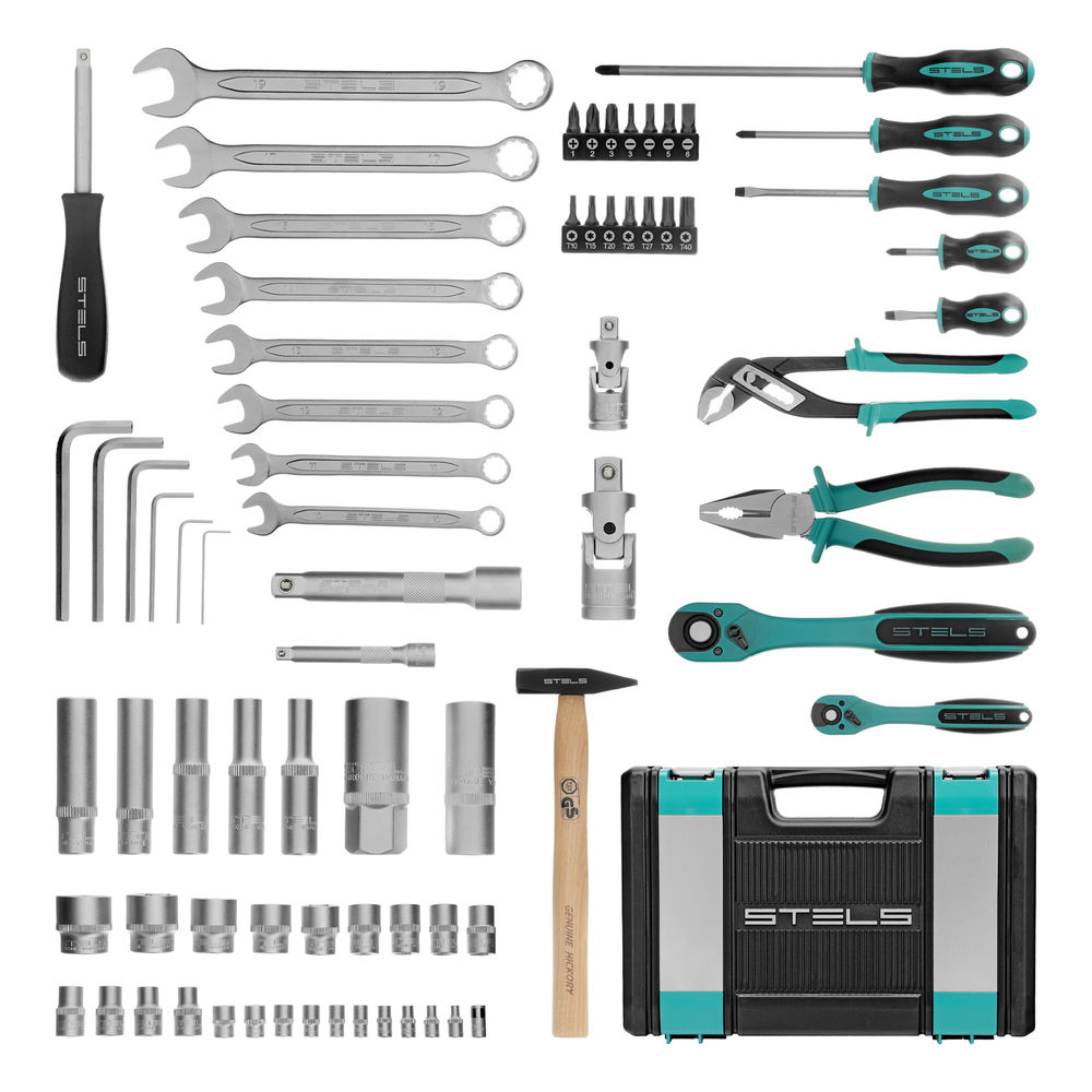 Набор инструментов, 1/2, 1/4, CrV, 12 гранные головки, пластиковый кейс, 76 предметов Stels