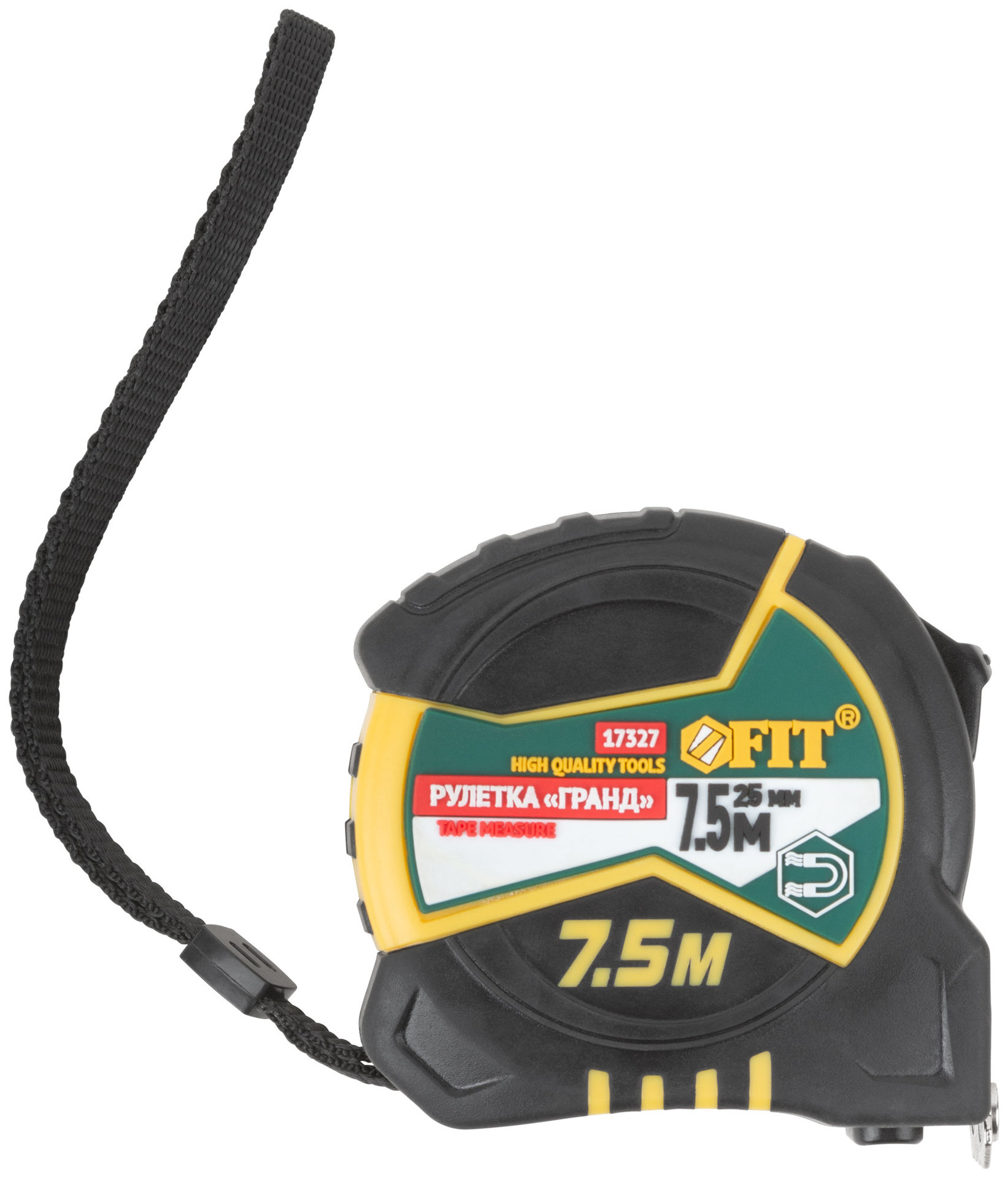 Рулетка Гранд, калибр.лента, нейлон.покр., магн.крючок, двойной стопор, прорезин.корпус 7,5 м х 25 мм
