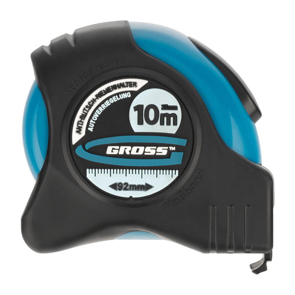 Рулетка Schlagfest,10 м x 25 мм,магнитный обрезиненный зацеп,двусторонняя шкала,автоматическая фиксация Gross