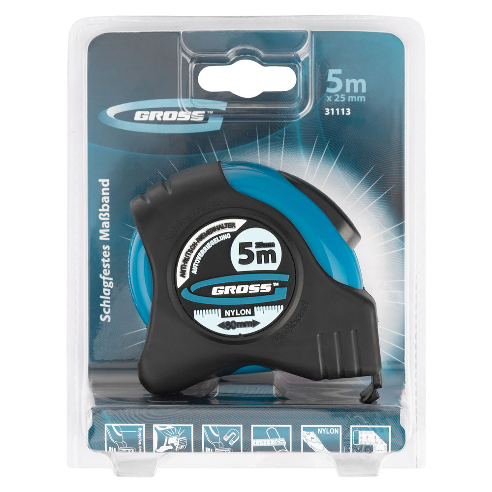 Рулетка Schlagfest,5 м x 25 мм,магнитный обрезиненный зацеп,двусторонняя шкала,Нейлоновое покрытие,автоматическая фиксация Gross