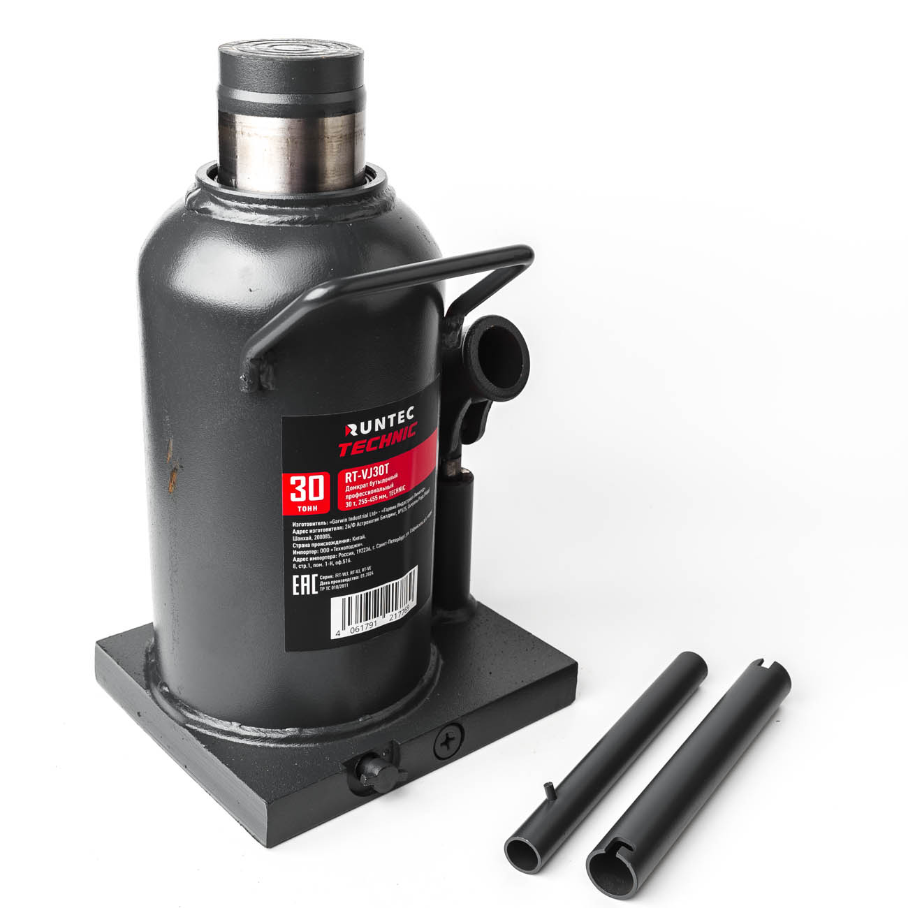 Домкрат бутылочный профессиональный 30 т, 255-455 мм TECHNIC RUNTEC RT-VJ30T