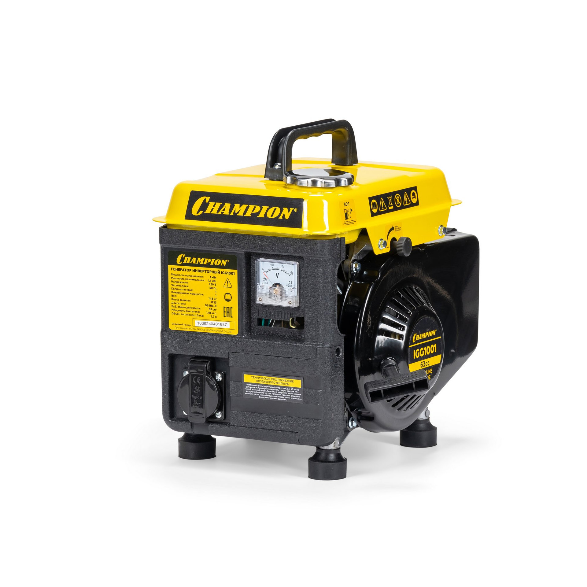 Генератор CHAMPION IGG1001 (1/1,1кВт 1,86лс 2Т 2,2л 12В 11,8кг) (IGG1001)