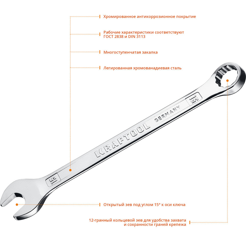 Ключ гаечный комбинированный 15 мм KRAFTOOL 27079-15