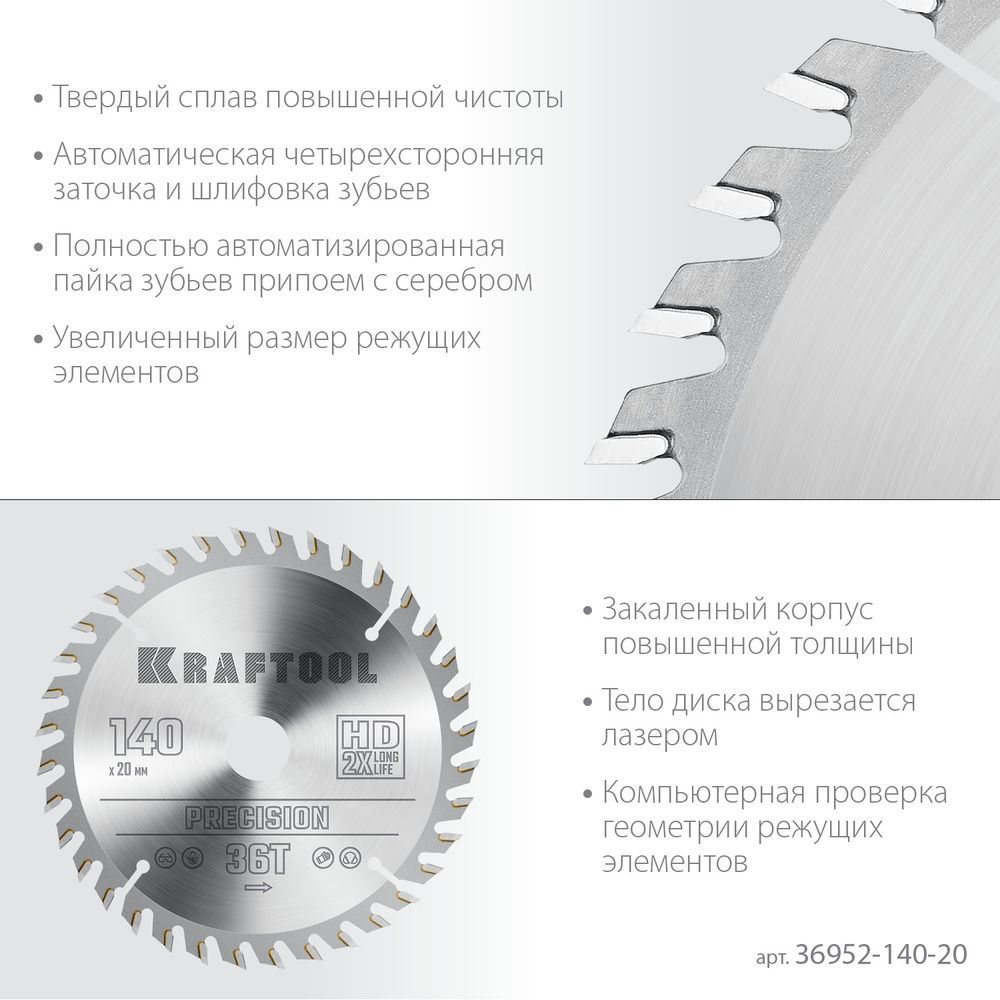 Пильный диск по дереву Precision, 140 х 20 мм, 36Т KRAFTOOL 36952-140-20