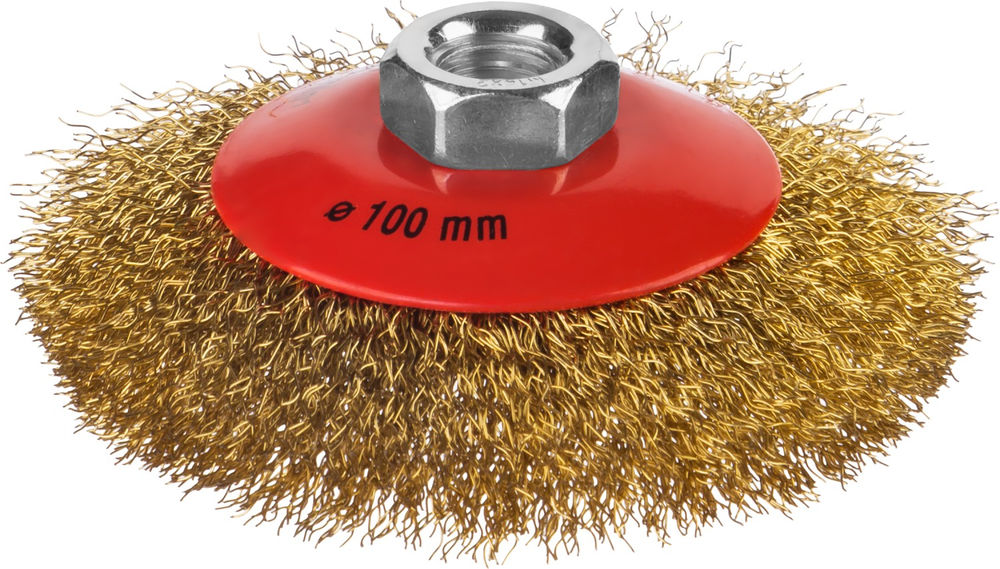 Коническая щетка-крацовка для УШМ 100 мм, витая стальная латунированная проволока 0.3 мм MIRAX 35143-100