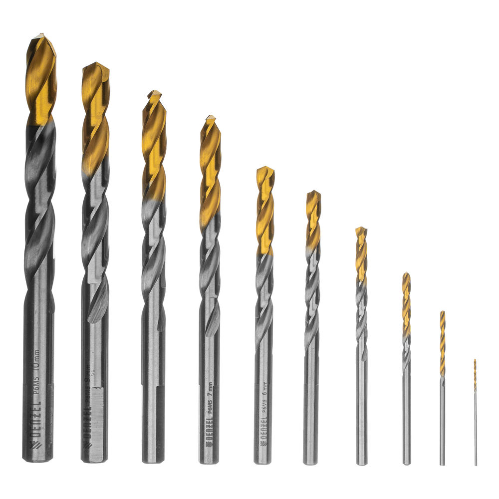 Набор сверл по металлу, 1-10 мм, Р6М5-TiN, Golden Tip, 10 шт Denzel (723001)